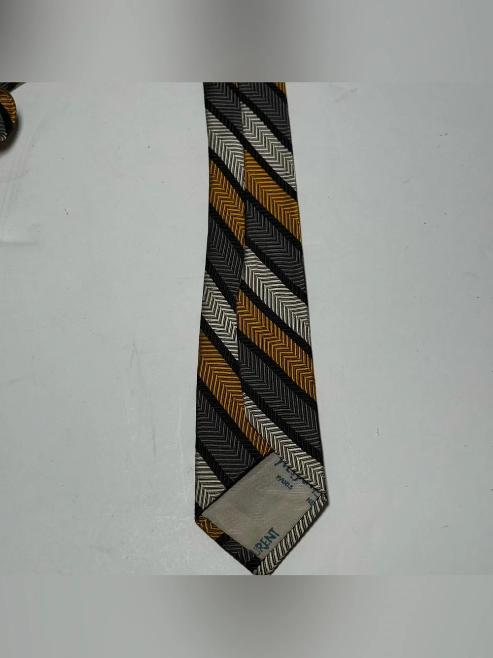 Vintage Yves Saint Laurent Silk Tie Gold Grey Black Herringbone Striped YSL 3.5